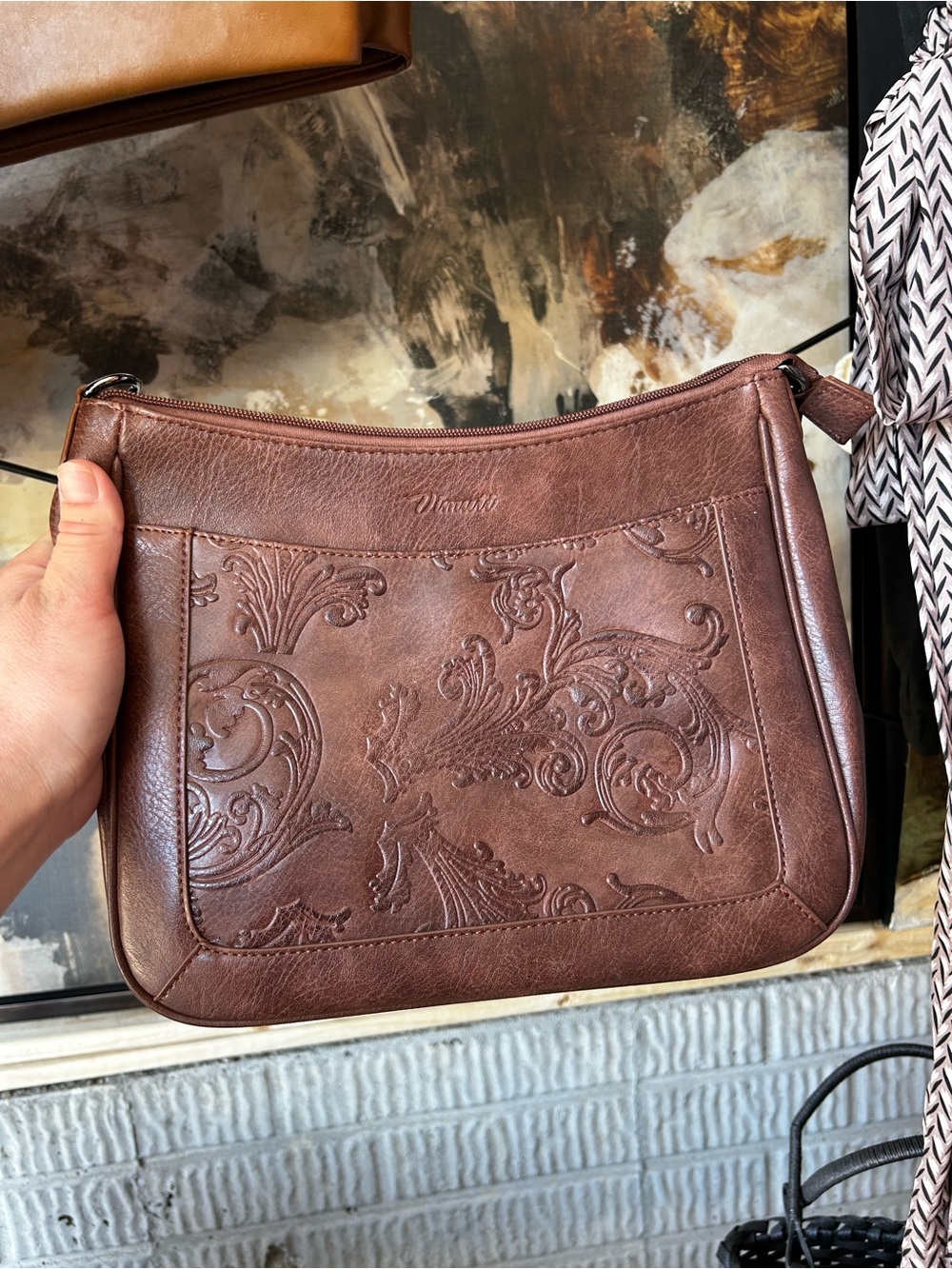 Women's Embossed Brown Leather Shoulder Bag